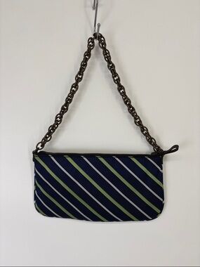 🗄️ J. Crew silk Navy Blue and Lime Green Striped Mini Bag with Chain Strap